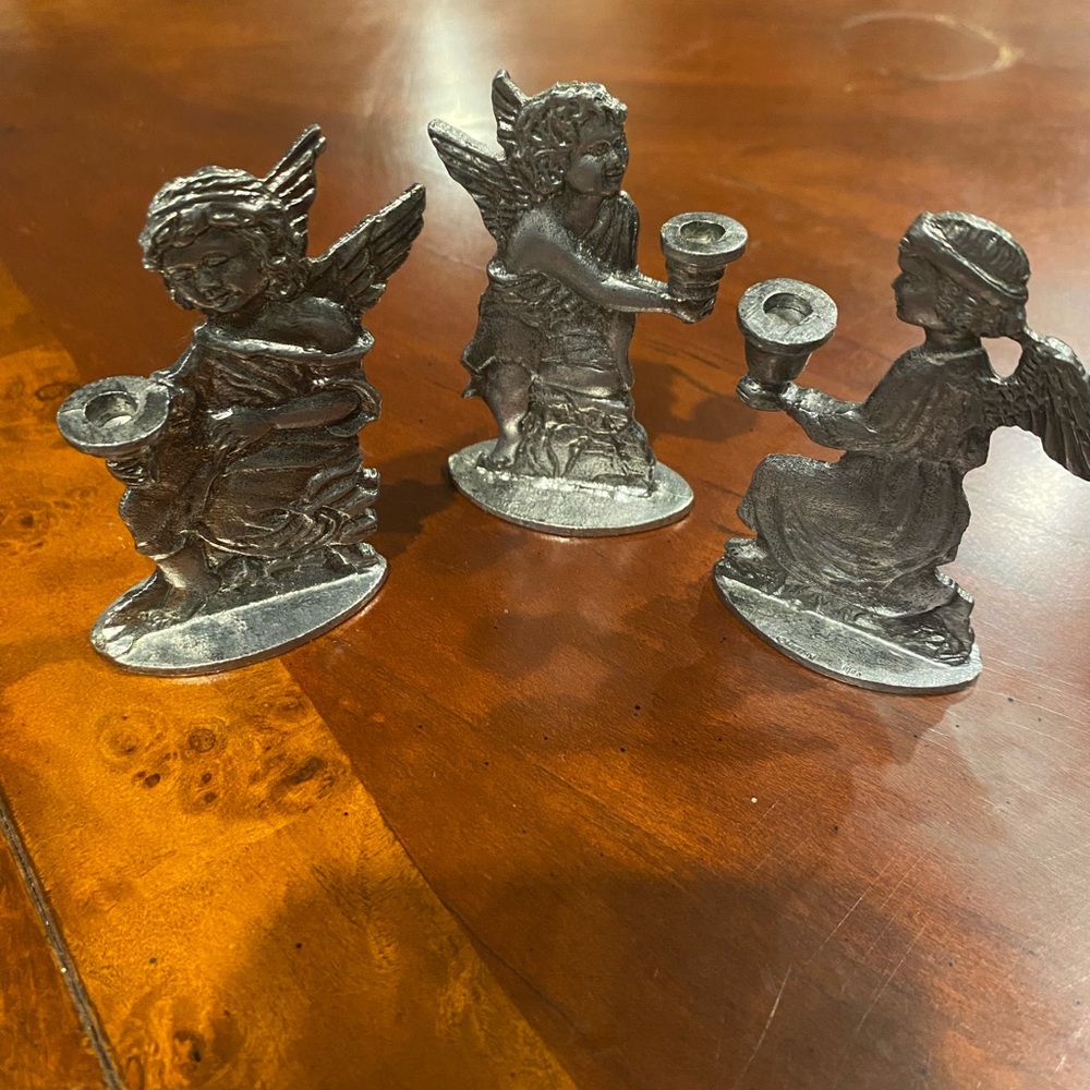 Trio Vintage Metzke Pewter angel candle holders.